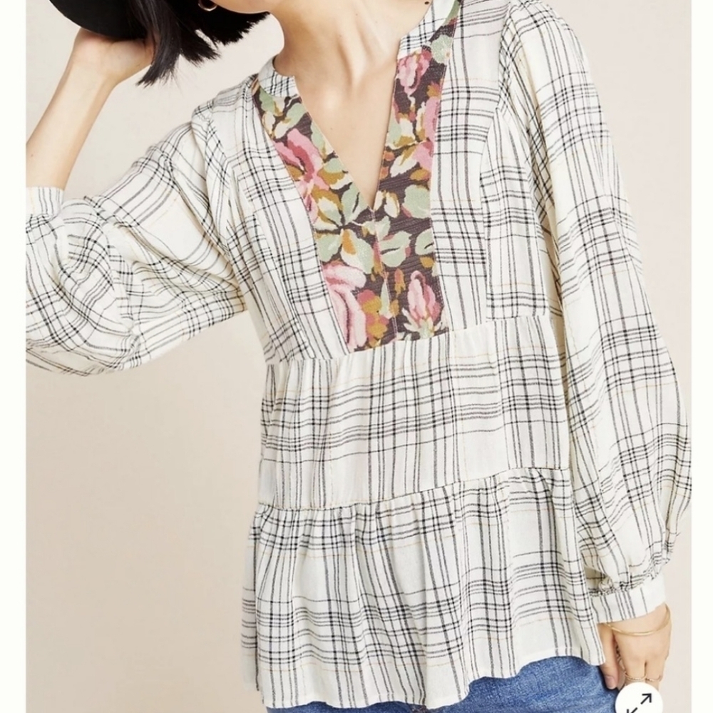 Anthropology Darlene Boho Metallic Thread Plaid Floral V Neckline Tiered Tunic